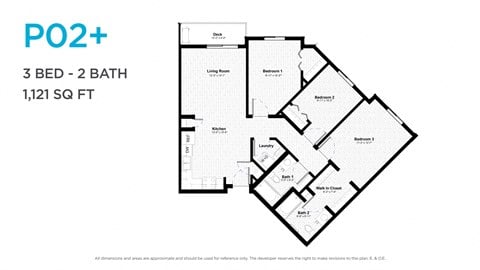 Floor plan for 3 beds, 2 baths, 1035 sqft